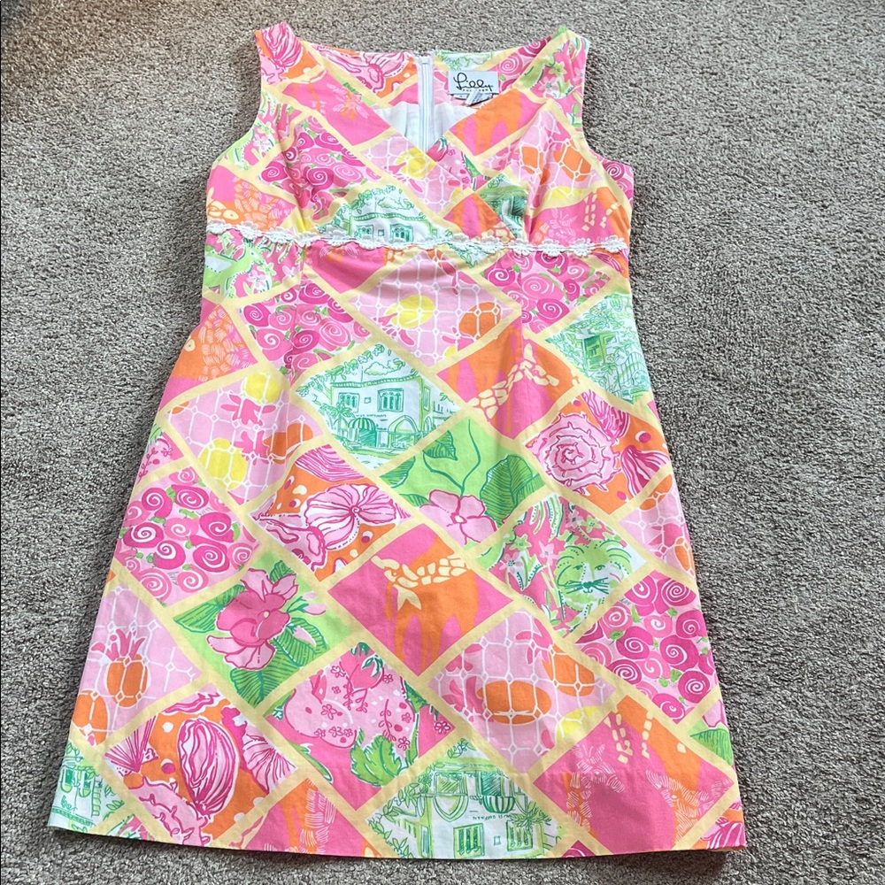 Vintage White Label Lilly Pulitzer Embroidered Patchwork Orange Pink Yellow sz4
